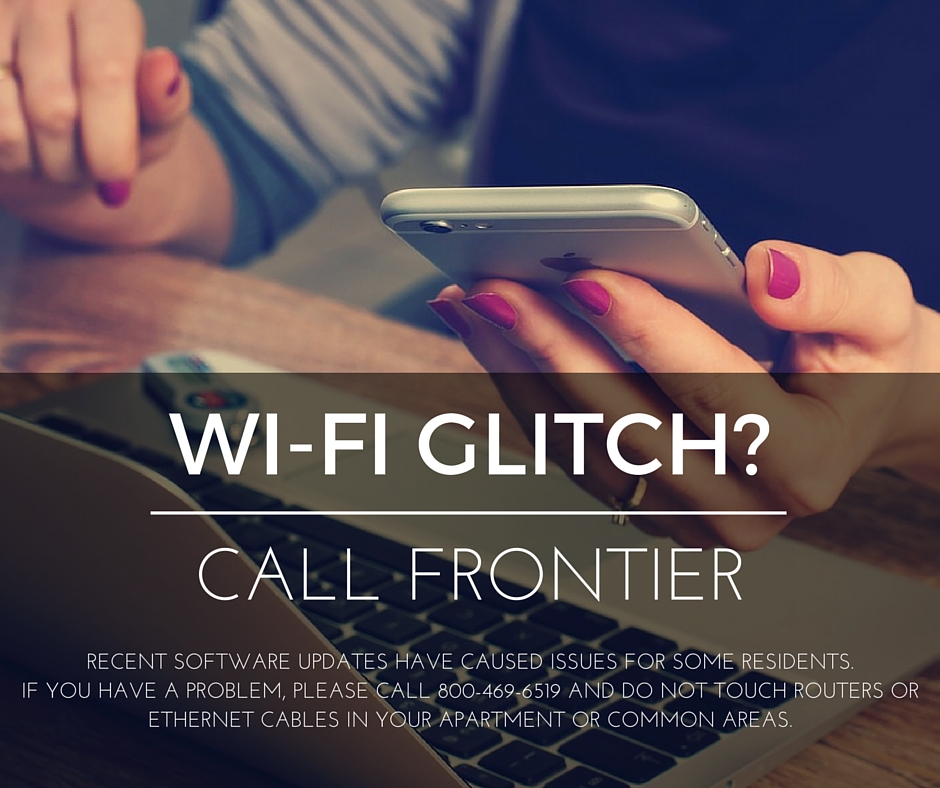 Woman holding a phone and text "Wi-Fi Glich? Call Frontier"