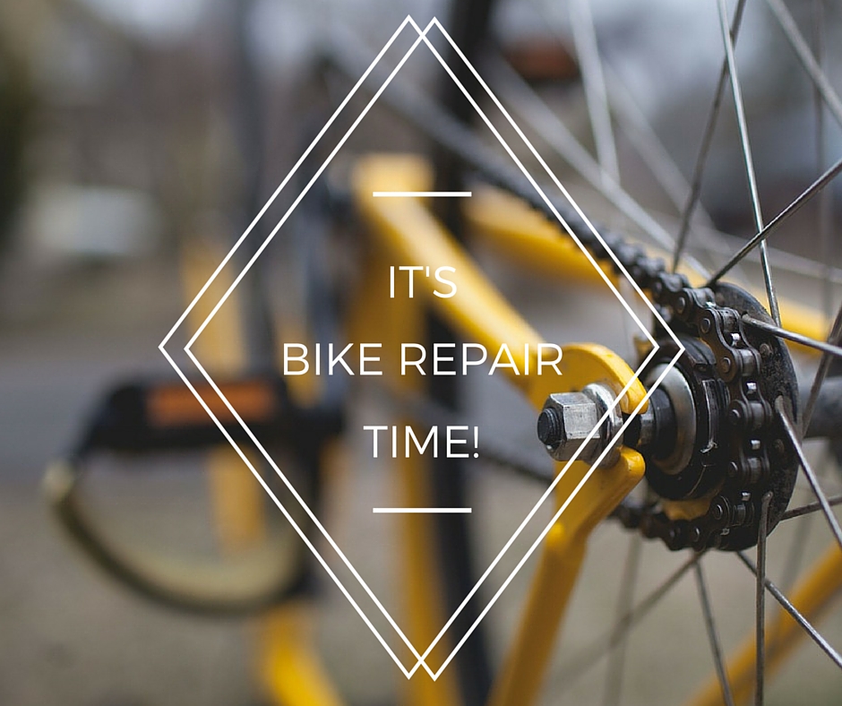 Bike wheel and gears with text "It's Bike Repair Time"