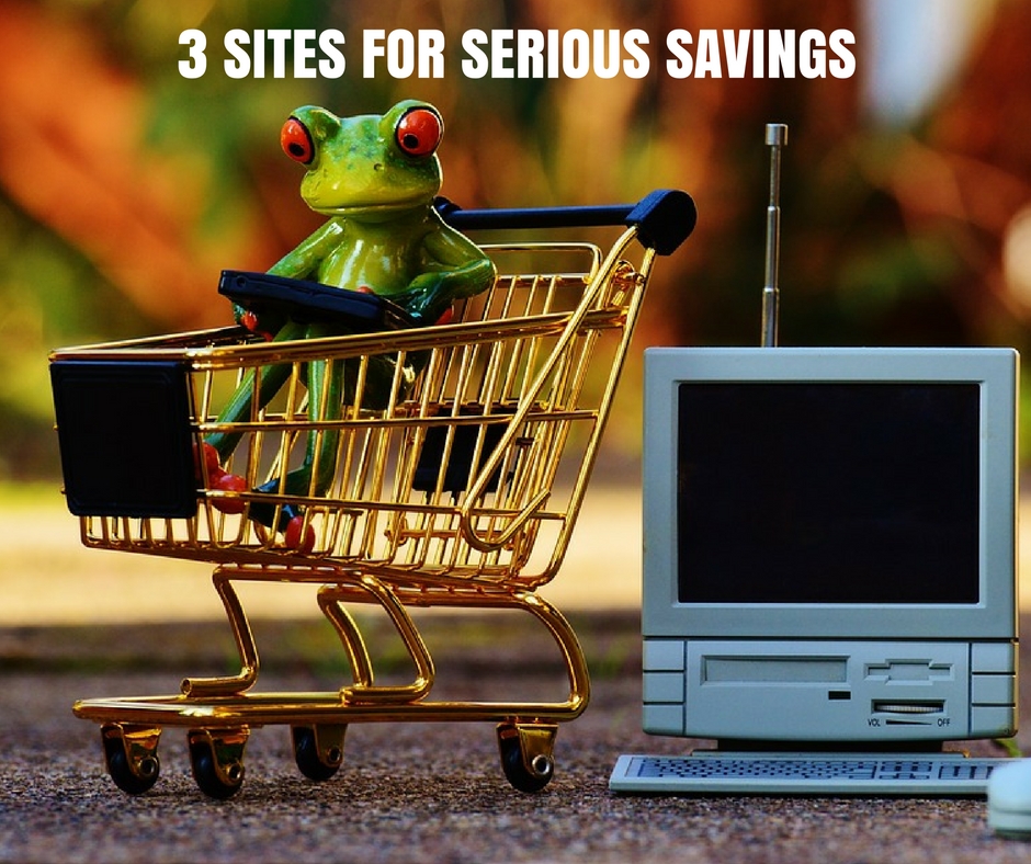 Small shopping cart, computer, and a frog along with text "3 sites for serious savings"