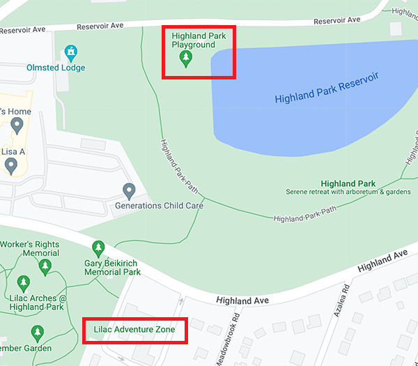 Highland Park map showing both playgrounds